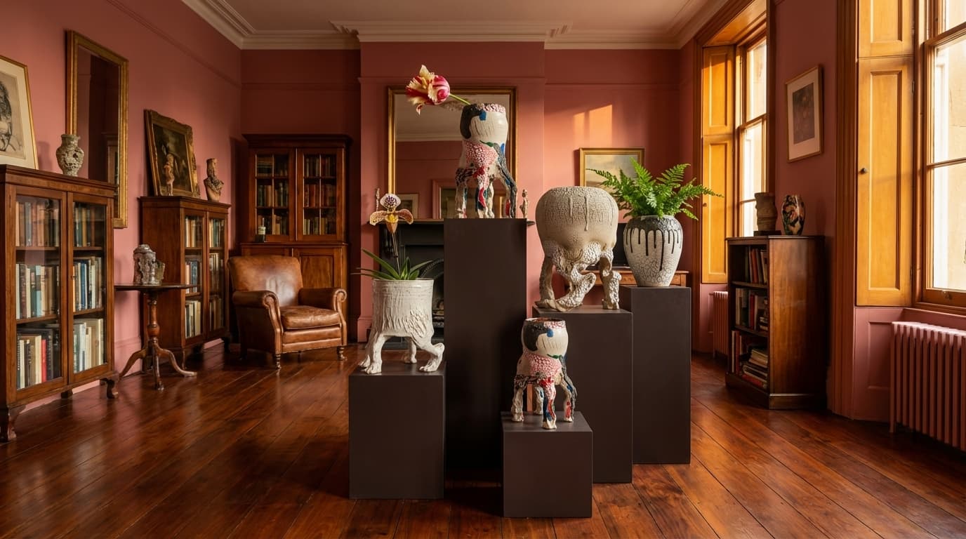 Sculptural ceramic vessels on pedestals in a warm residential interior with Farrow & Ball walls and mahogany floors