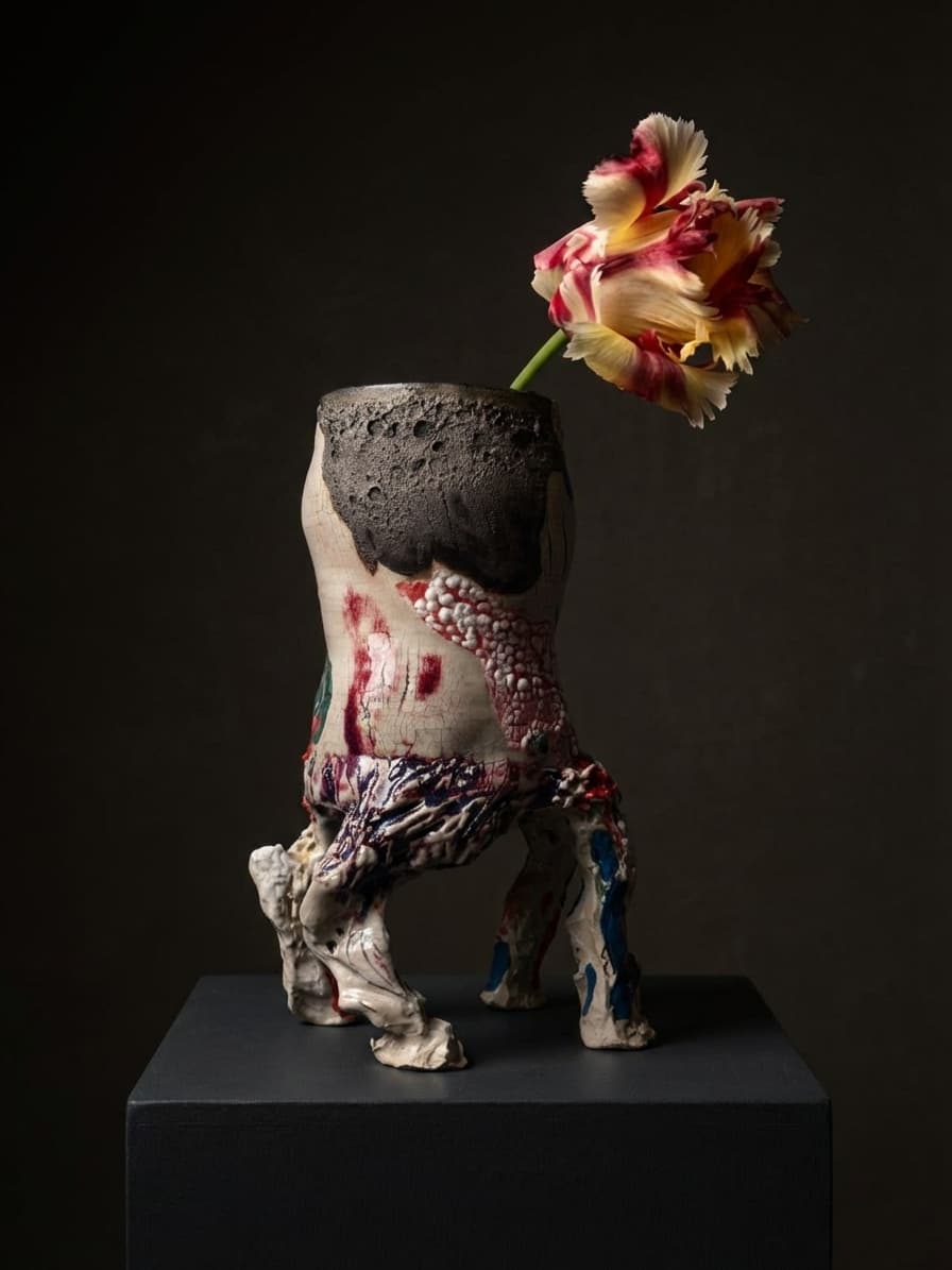 Flora en de Faun — Sculptural creature vessel with parrot tulip