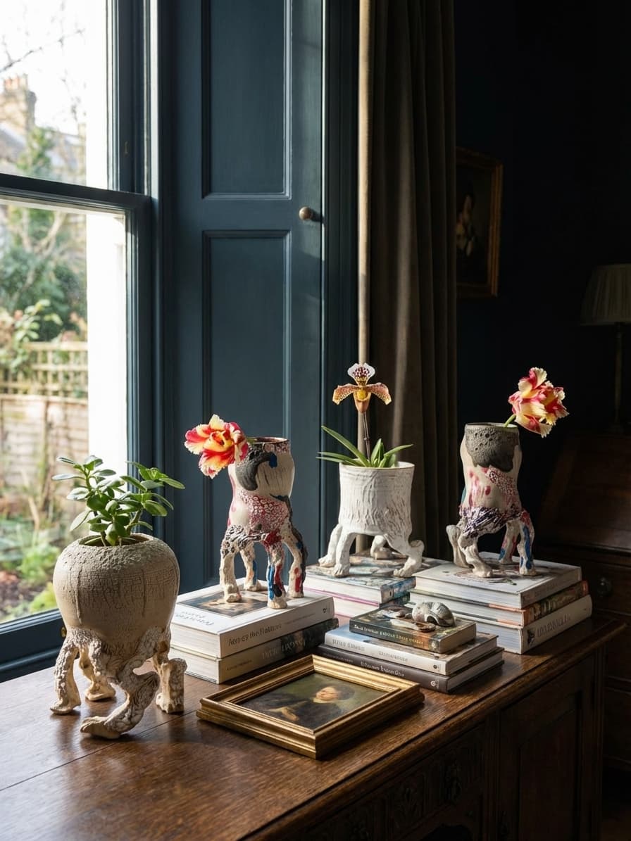 Sculpturale objecten in een warm huiselijk interieur