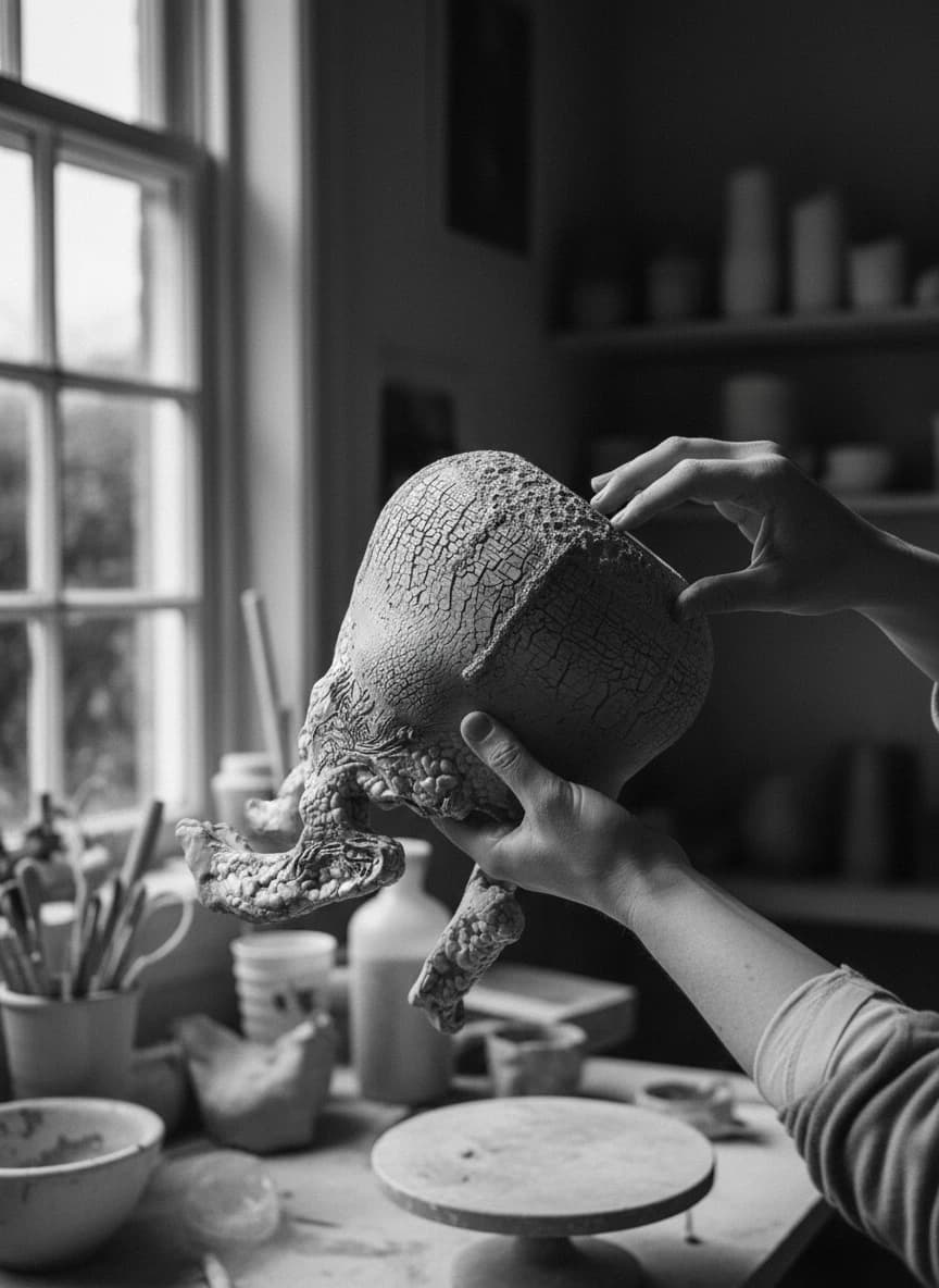Handen die klei vormen in het atelier
